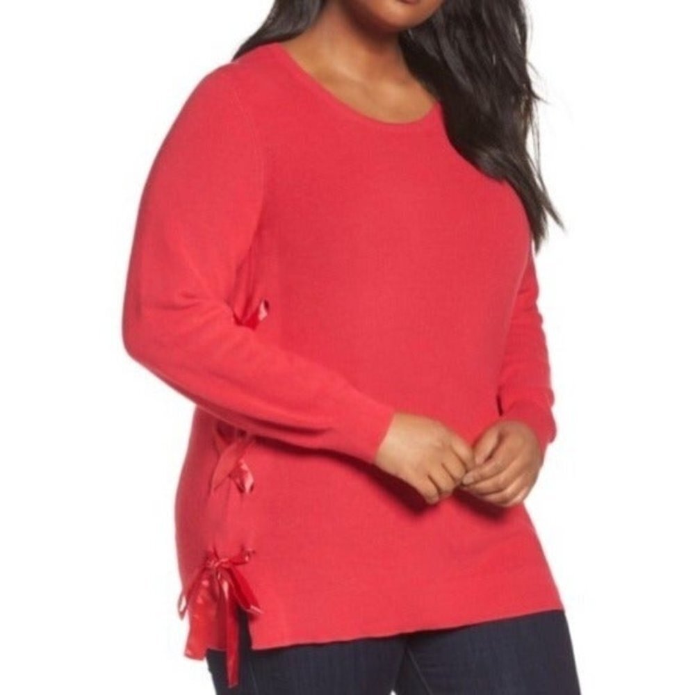 Sejour NWT Red Crew Neck Knit Ribbon Lace Up Side Sweater 0X